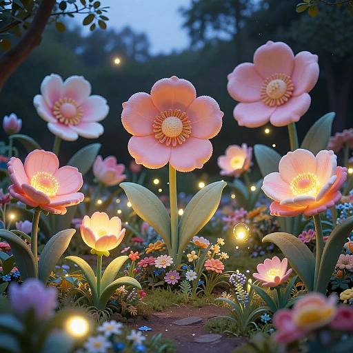 Photograph of a twilight garden with glowing, pink and white paper flowers surrounded by small fairy lights and colorful, blooming plants.