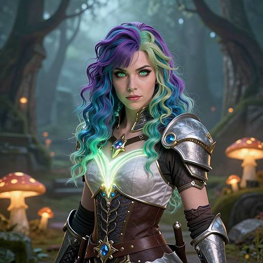 Digital fantasy artwork of a fair-skinned woman with vibrant blue-green-purple hair, glowing green eyes, and silver armor adorned with blue gems, standing in