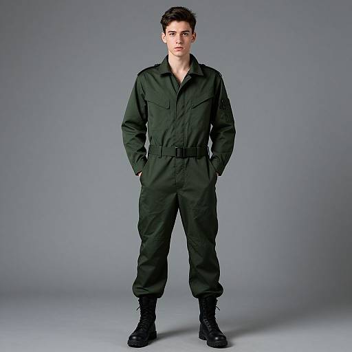 Photograph of a young man with short dark hair, wearing a dark green jumpsuit and black boots, standing against a plain gray background with hands in
