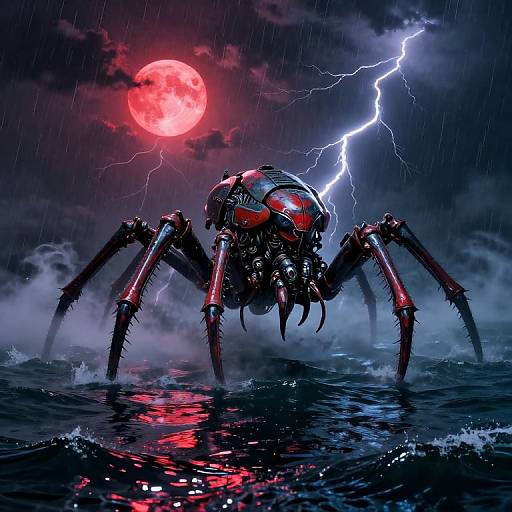 Digital art of a menacing, red-eyed, spider-like creature with black legs standing in stormy ocean, under a red moon and lightning.
