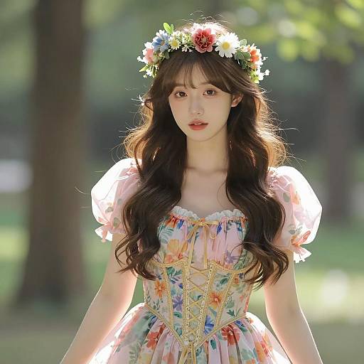 Young Woman in Floral Dress with Flower Crown