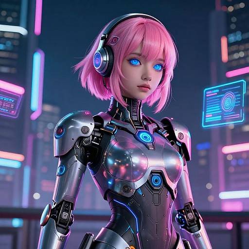 Futuristic Android Girl in Cyberpunk City
