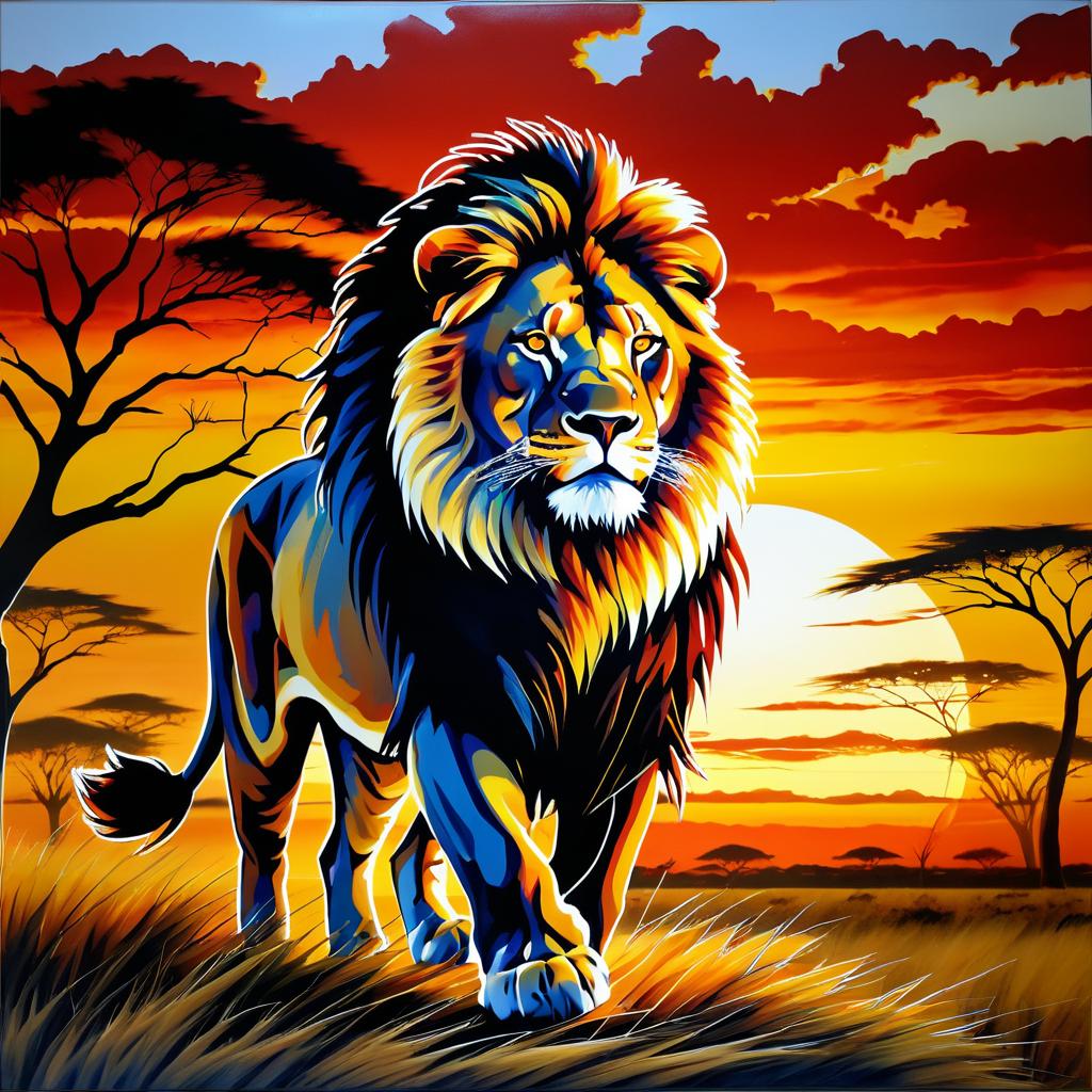 Fierce Lion in Sunset Savannah Scene