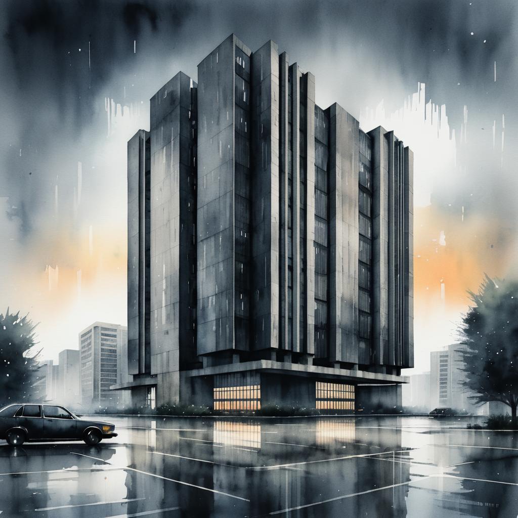 Atmospheric Watercolor of Brutalist Architecture