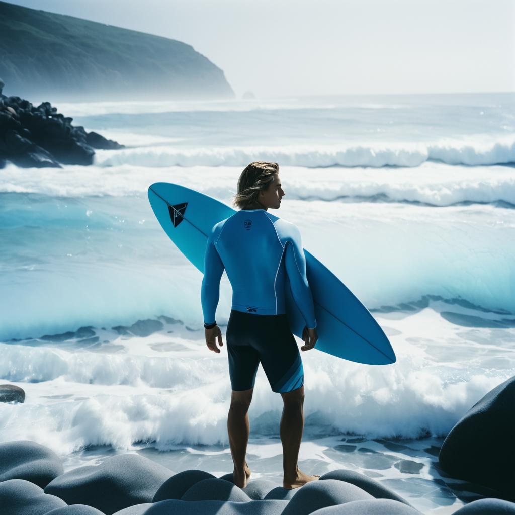 Cinematic Surfer at Rocky Beach Scene