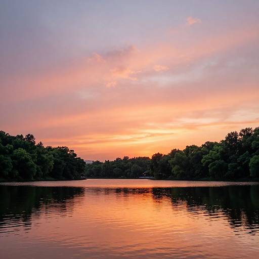 Photograph of a serene lake at sunset, reflecting vibrant pink, orange, and purple sky, surrounded by dense green trees.