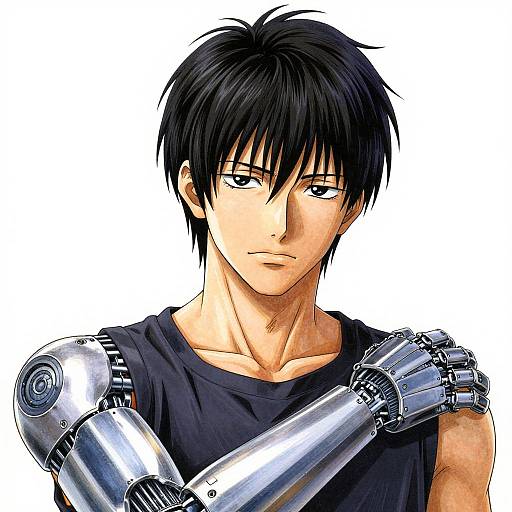 Anime-style digital drawing of a handsome young man with black hair, wearing a black sleeveless shirt, with a silver robotic arm.
