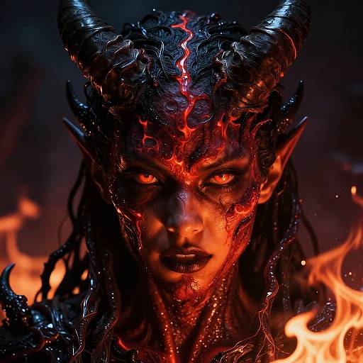 Photorealistic digital artwork of a demonic woman with glowing red eyes, black wavy hair, and glowing red cracks on her face, surrounded by fiery