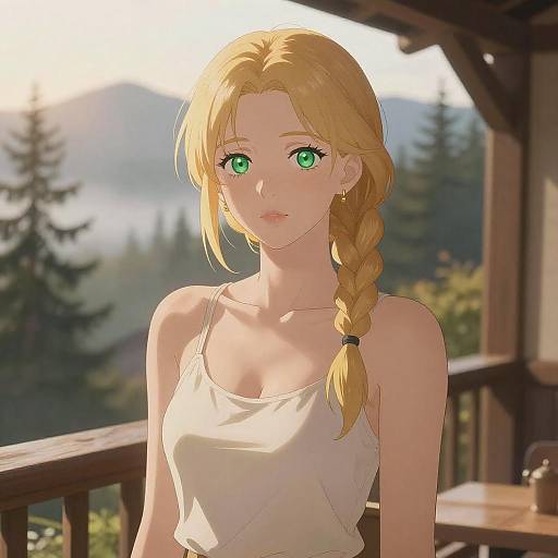 Digital anime-style drawing of a blonde woman with green eyes, wearing a white tank top, standing on a wooden balcony with a mountain forest background. Her