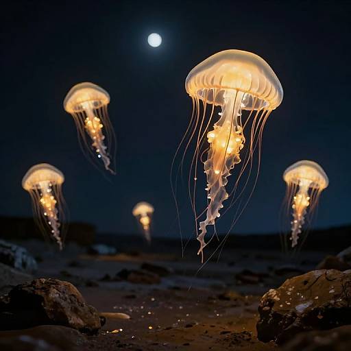 Photograph of glowing jellyfish with translucent, orange-lit bell and long, dangling tentacles, floating in dark, rocky ocean under a bright full
