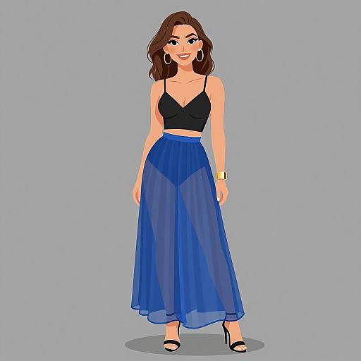 Digital illustration of a smiling woman with wavy brown hair, wearing a black crop top, blue sheer maxi skirt, black heels, gold bracelet, and