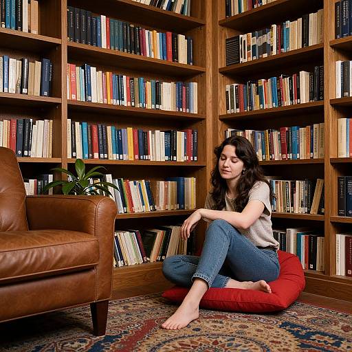 Photograph of a young woman with long dark hair, sitting barefoot on a red cushion, reading in a cozy library with wooden bookshelves and