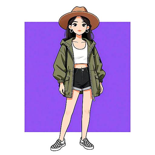 Digital anime-style drawing of a young woman with long black hair, wearing a brown hat, green jacket, white crop top, black shorts, and check