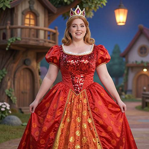Photograph of a smiling woman with fair skin and wavy blonde hair, wearing a red sequin and gold floral dress, silver crown, and standing