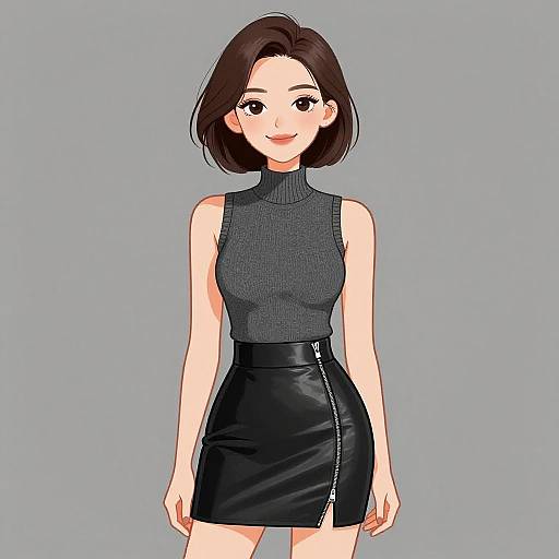 Digital anime-style drawing of a cute young woman with short dark brown hair, wearing a sleeveless gray turtleneck and black leather skirt with a zipper