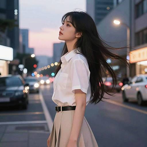 Young Woman Standing on City Street at Dusk