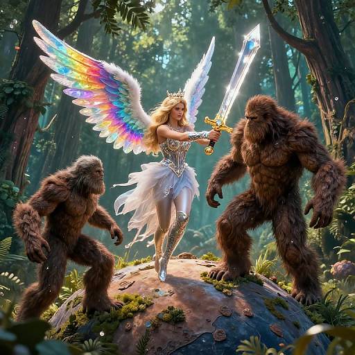 Angel Warrior Battling Bigfoot Giants