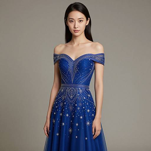 Photograph of an Asian woman with long black hair wearing an off-shoulder, blue, glittery evening gown with star patterns, standing against a