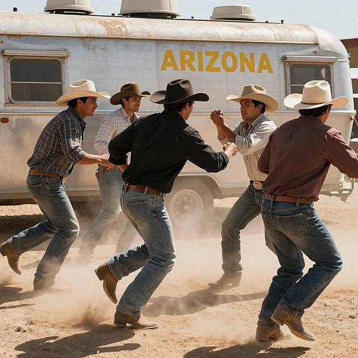 Dynamic Cowboy Showdown Near Trailer