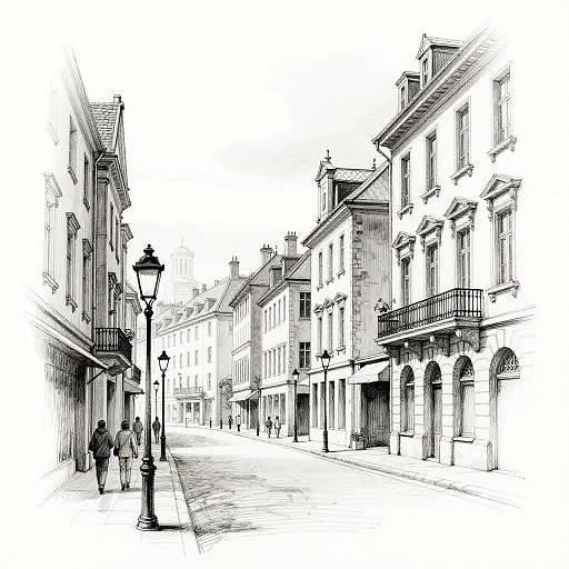 Black and white sketch of a European street with historical buildings, people walking, and classic street lamps, creating a timeless urban scene.