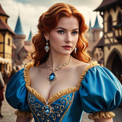 Redhead Woman in Blue Medieval Princess Dress