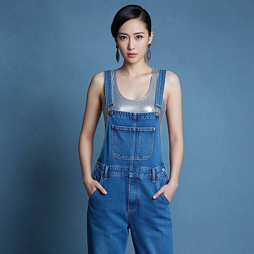Woman in Denim Overalls and Metallic Bodysuit