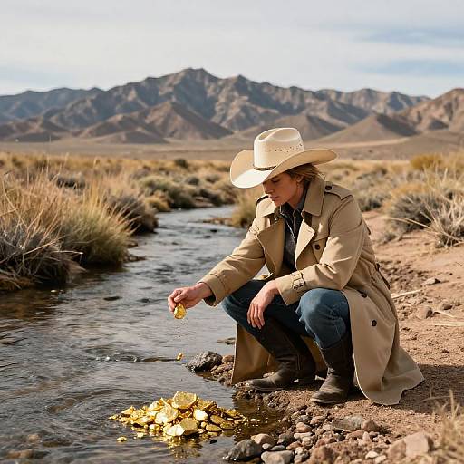 Photograph: Caucasian man in beige trench coat and cowboy hat, crouching by rocky stream, dropping yellow flowers into water, with arid desert