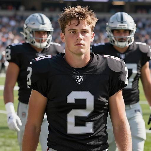 Serious Young Football Player in Raiders Jersey