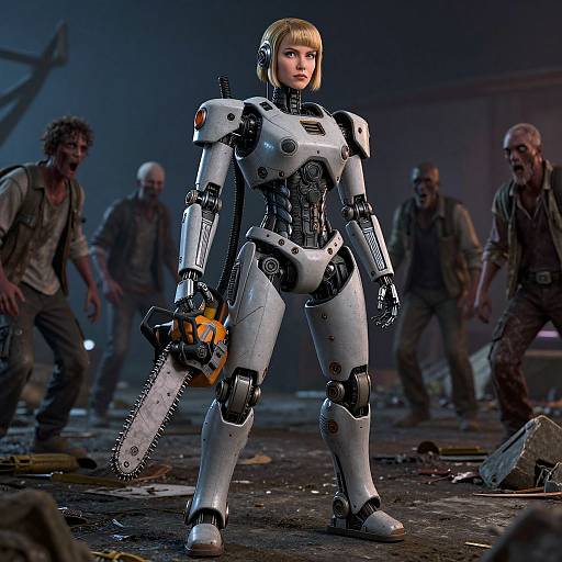 Robot Woman with Chainsaw Facing Zombies at Night