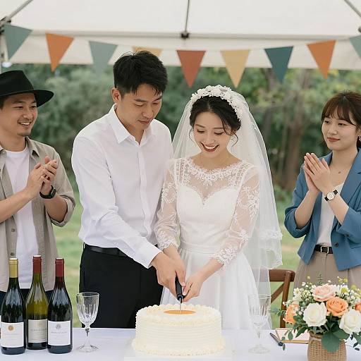 Bride and Groom Cutting Wedding Cake Outdoors