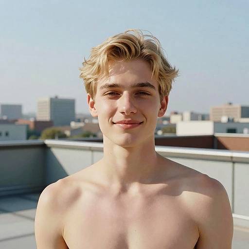 Photograph of a young, shirtless, blonde-haired boy with fair skin and a slight smile, standing on a rooftop with a cityscape in the