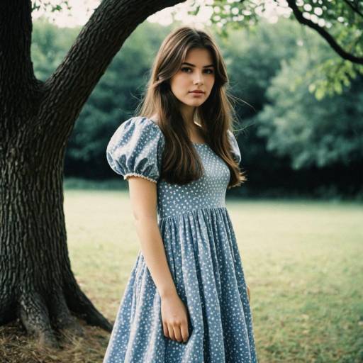 Young Woman in Blue Puffy Sleeve Dress Outdoors