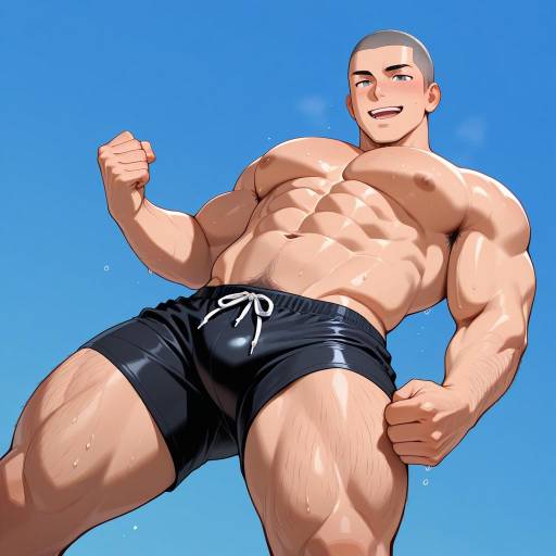 Muscular Male in Swimwear Against Blue Background Muscular Male in Swimwear Against Blue Background