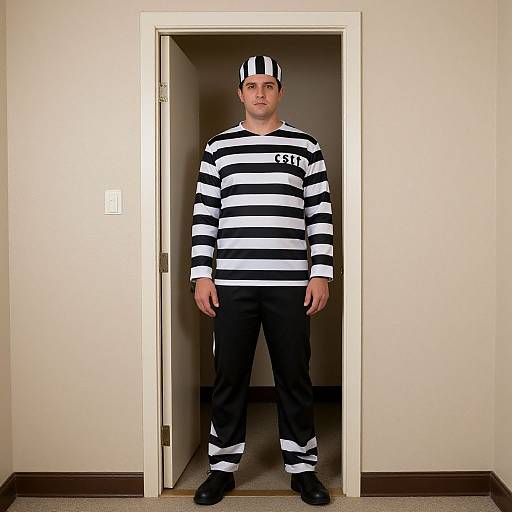 Photograph of a Caucasian man in black-and-white striped prison outfit, including hat, standing in a doorway, neutral expression.