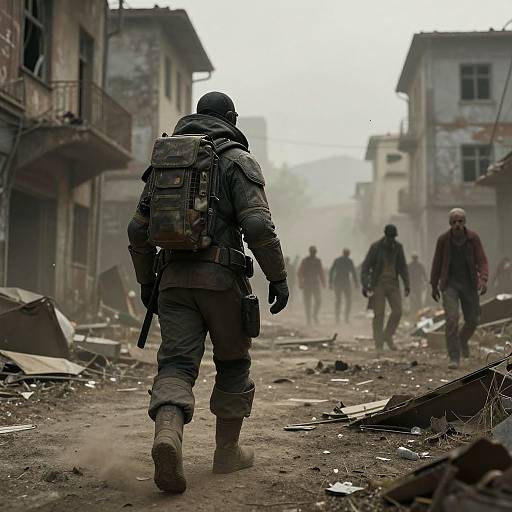 Photograph of a soldier in tactical gear, backpack, and boots, walking away through a war-torn, rubble-filled urban street with four other soldiers