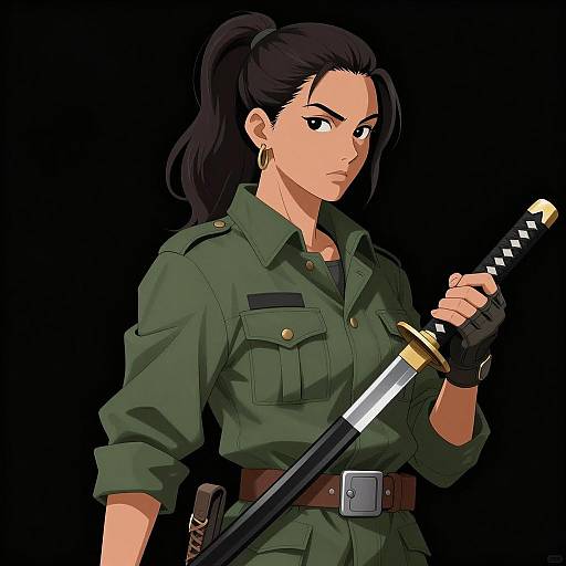 Asian Woman in Military Jacket Holding Katana