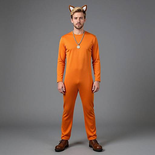 Photograph of a bearded man in an orange prison jumpsuit with fox ears, wearing a necklace, standing against a gray background.