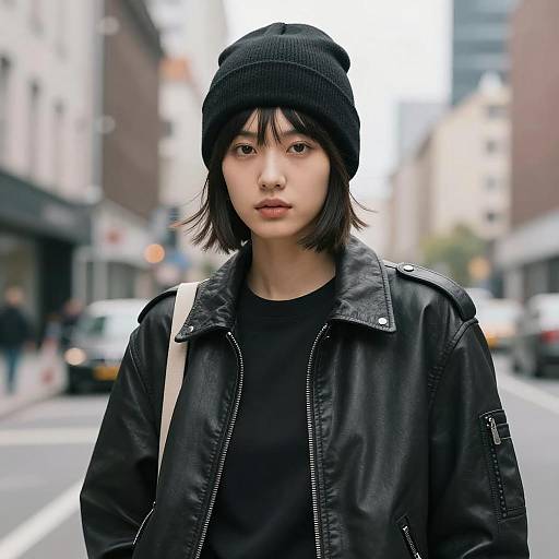 Young Woman in Leather Jacket and Beanie