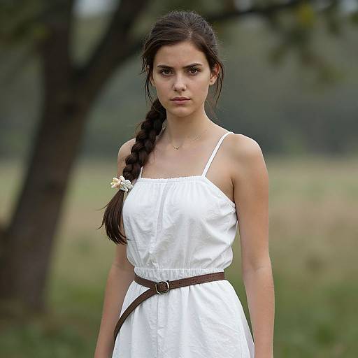 Photograph of a young woman with long, dark braided hair, wearing a white, sleeveless dress with a brown belt, standing outdoors in a