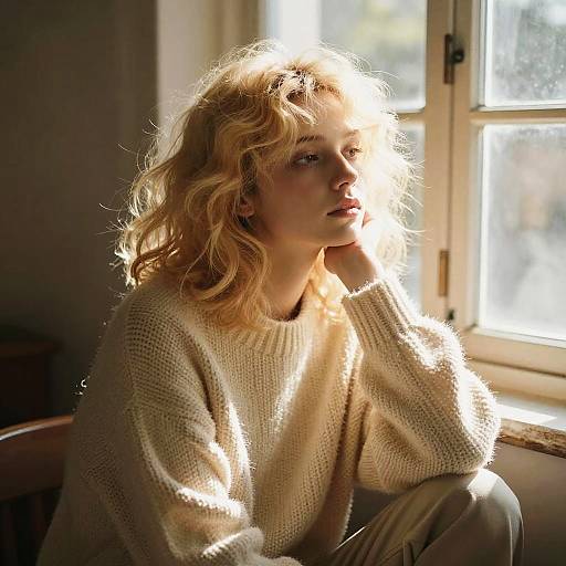 Photograph of a blonde woman with wavy hair, wearing a cream knit sweater, sitting in sunlight near a window, looking pensively to the side
