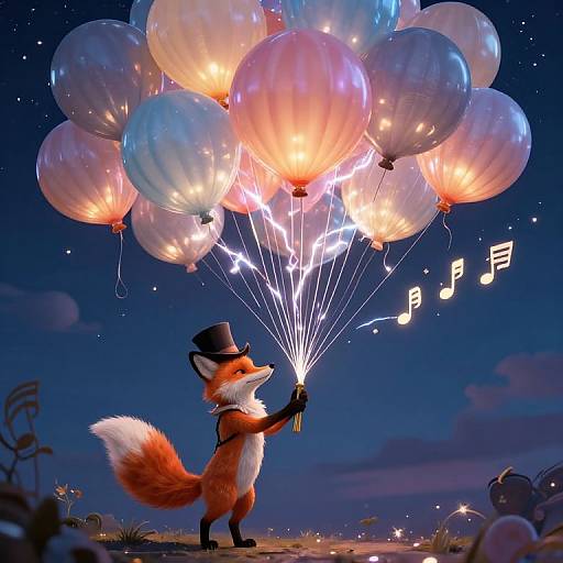 Digital illustration of a fox in a top, holding glowing balloons with musical notes, against a twilight sky.