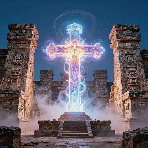 Photorealistic digital art: Glowing, ethereal cross with neon blue and white light, centered between ancient stone towers, mist below, nighttime sky