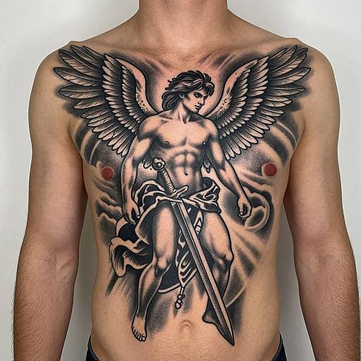 Tattooed shirtless man with muscular chest, angel wings, and sword, black and grey ink, red nipples, white background. Photographic