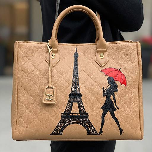 Photograph of a tan quilted handbag with black Eiffel Tower and silhouette holding red umbrella, gold hardware, and brand logo.
