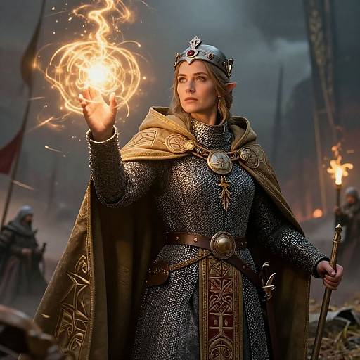 Digital fantasy art of a female elf warrior with pointed ears, silver crown, and chainmail, casting a glowing fireball in a battlefield.