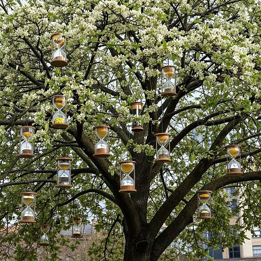 Photograph of a blossoming tree with numerous small, wooden bird feeders hanging from its branches, against a backdrop of white flowers and a partially visible