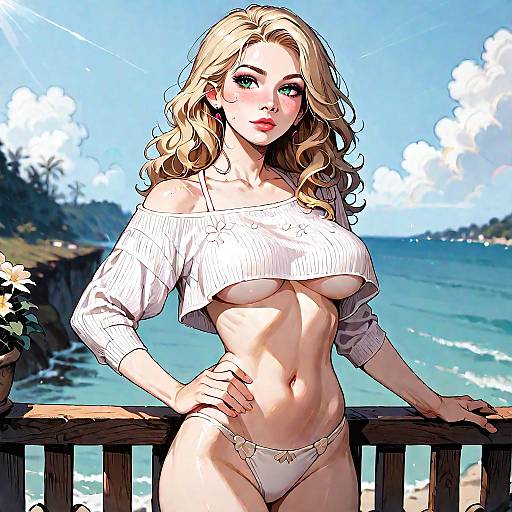 Blonde Woman in White Crop Top and Bikini on Beachfront Balcony