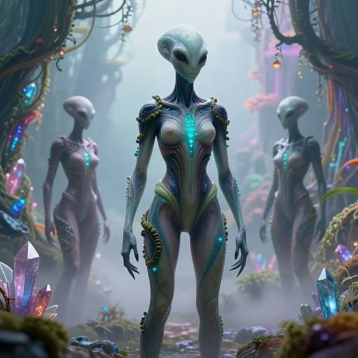 Digital artwork of three alien women with white, insect-like heads, glowing blue and neon accents, standing in a mystical, crystal-filled forest.