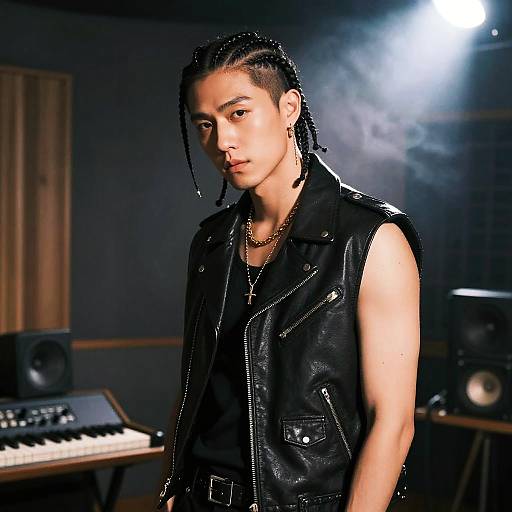 Photograph of a young Asian man with braided hair, wearing a black leather sleeveless vest, standing in a dimly lit room with music equipment