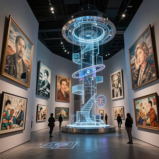 Photograph of a modern art gallery with glowing blue wireframe sculpture in center, surrounded by portraits of famous men in gold frames.